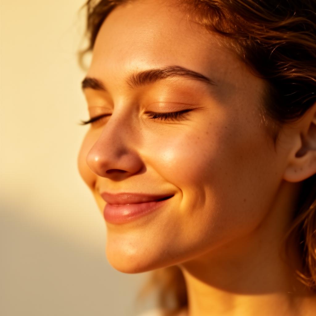 Mulher de olhos fechados sob luz dourada